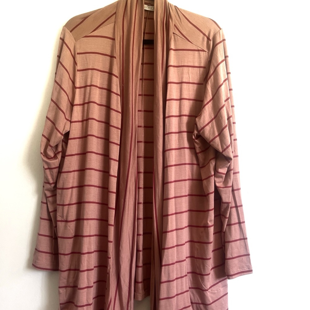 LOGO by Lori Goldstein Mixed Stripe Open Front Cardigan 2X Rose Taupe